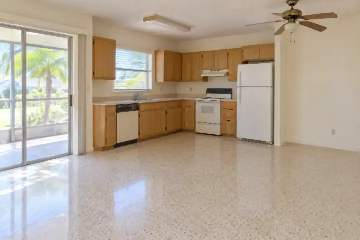 Illustration: an unrenovated kitchen and dining area seen during a walkthrough