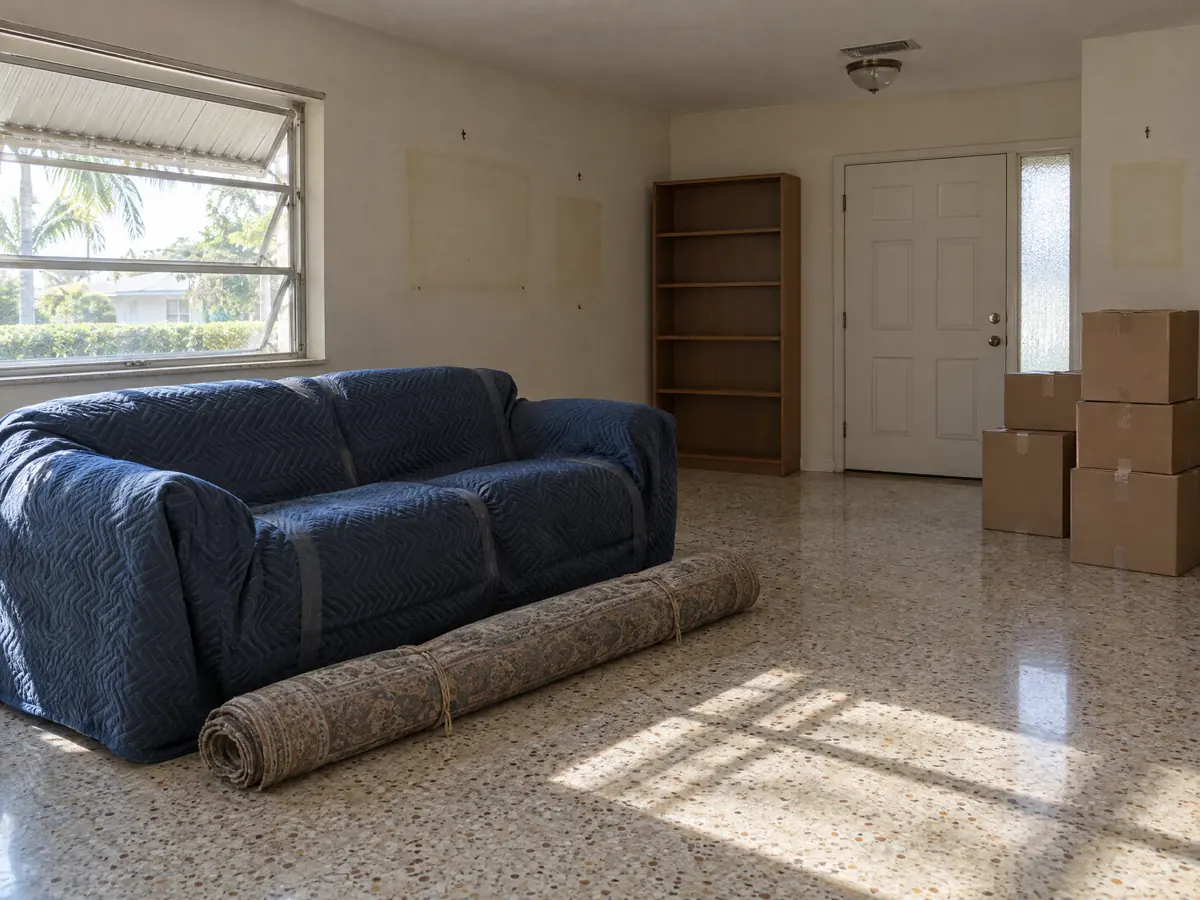 Illustration: a living room in the middle of a move