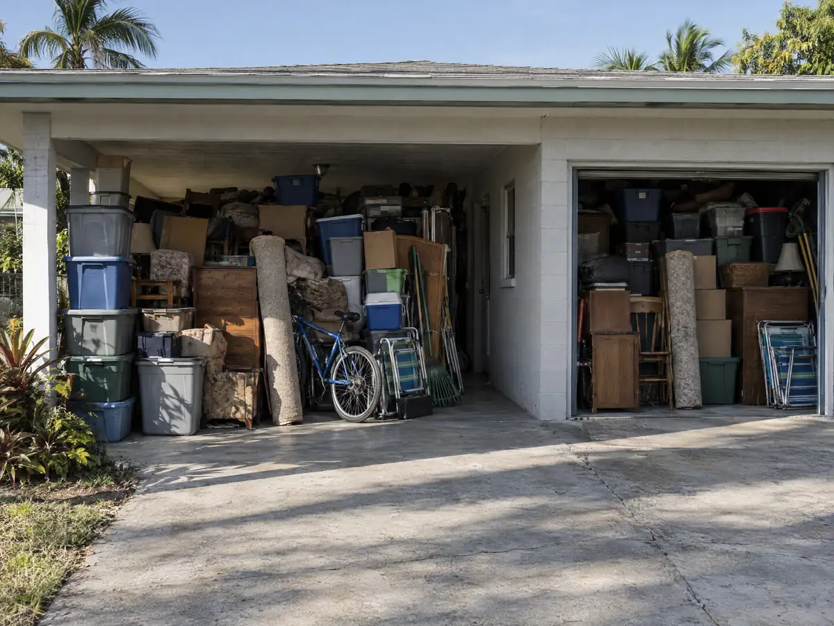 Illustration: a carport and garage packed with belongings