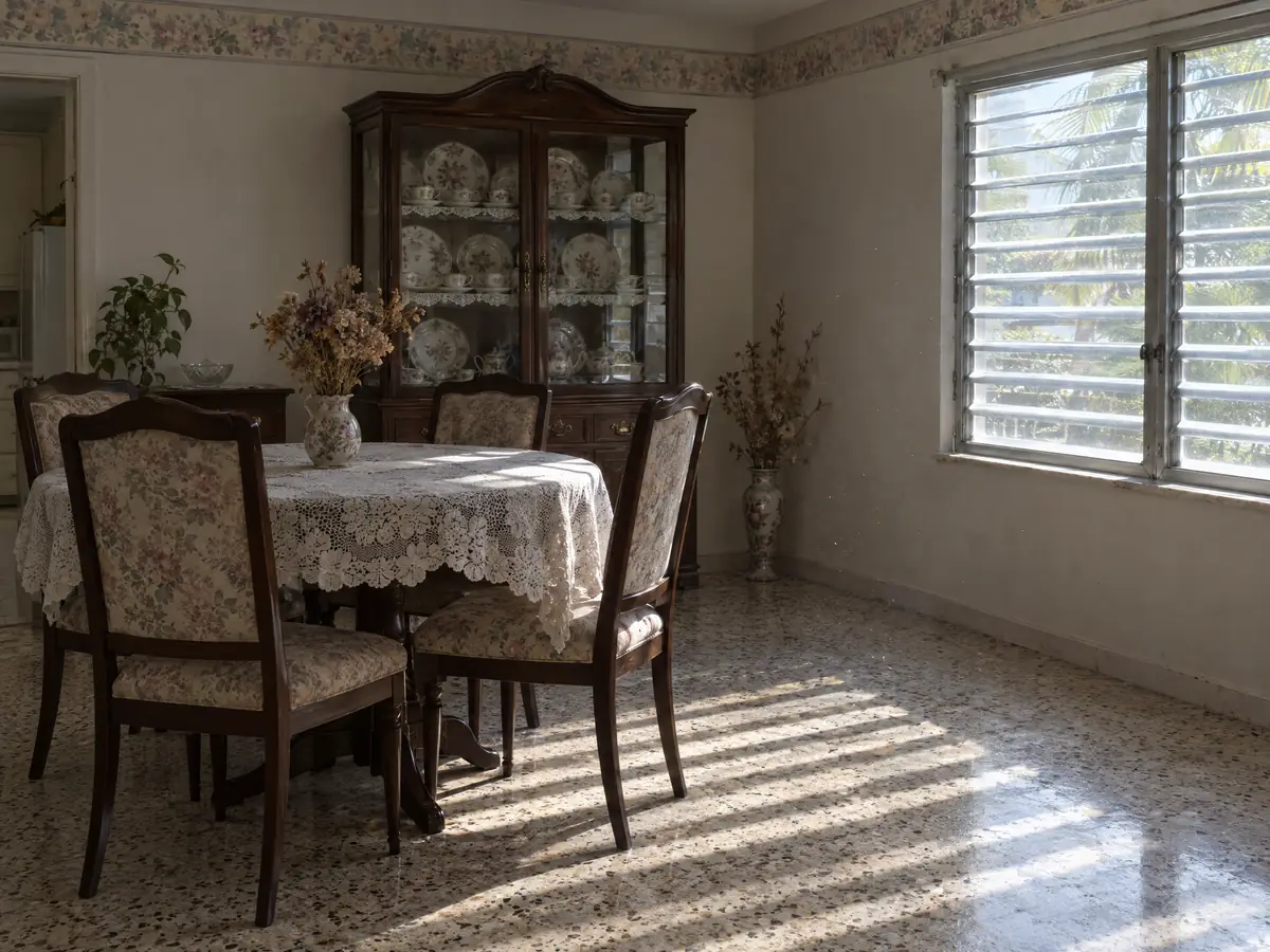 Illustration: the dining room of an inherited South Florida home, left as it was